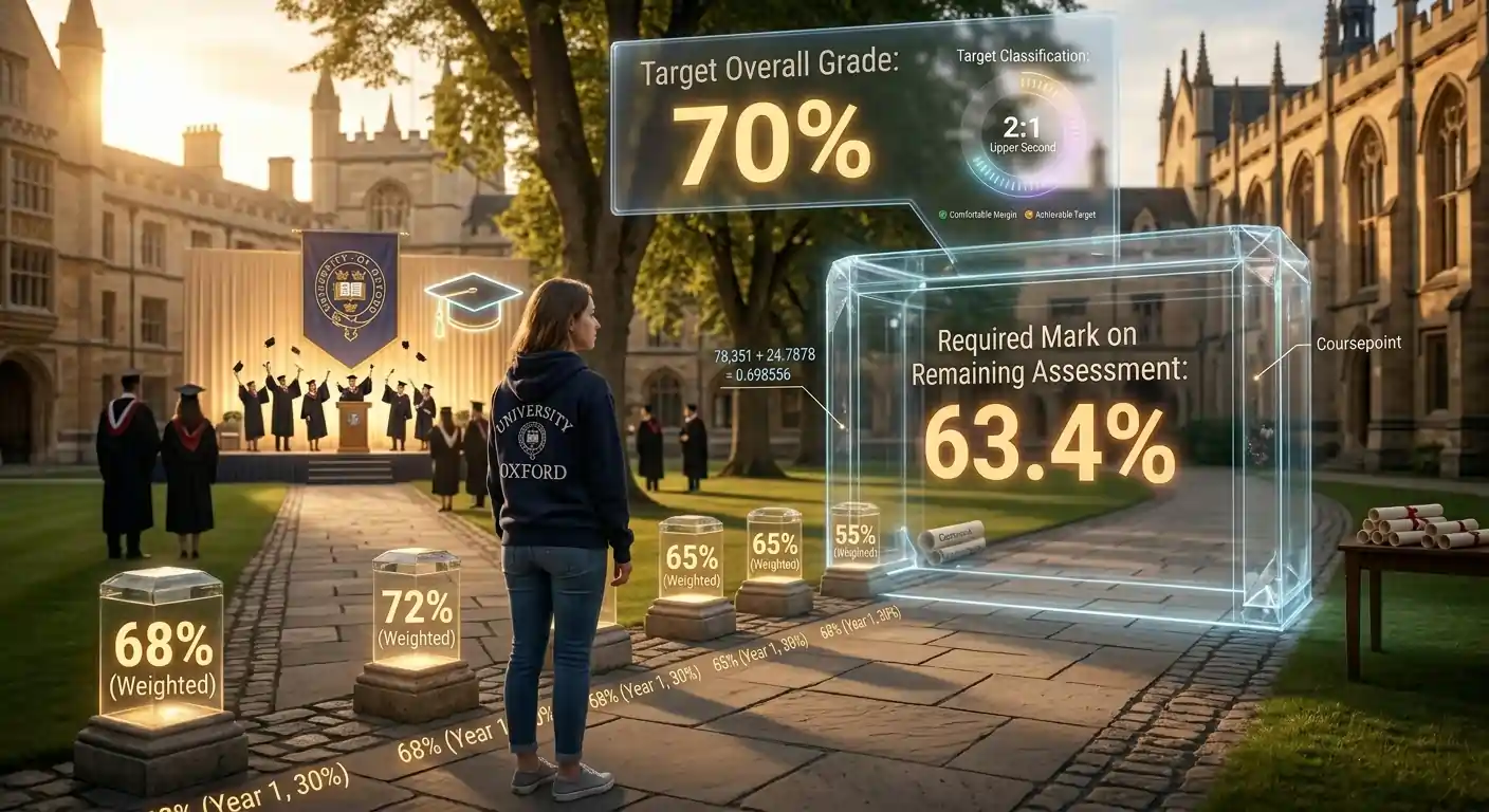 University final grade calculation bar chart showing a Year 2 average of 65 percent at 33.3 percent weight and Year 3 average of 72 percent at 66.7 percent weight producing a 69.7 percent final grade in the 2:1 range
