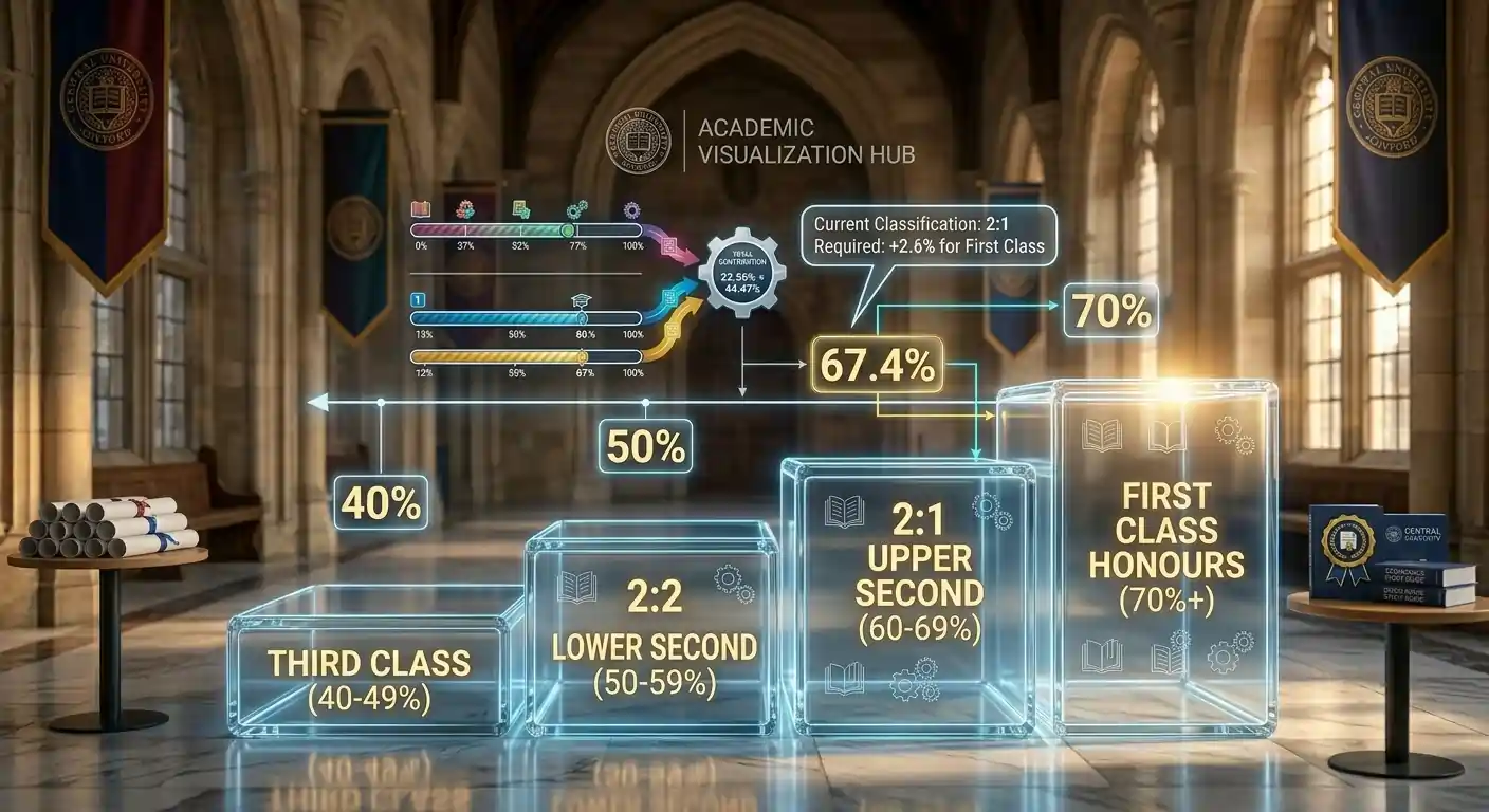 UK degree classification calculator featured illustration showing First, 2:1, 2:2 and Third class bands