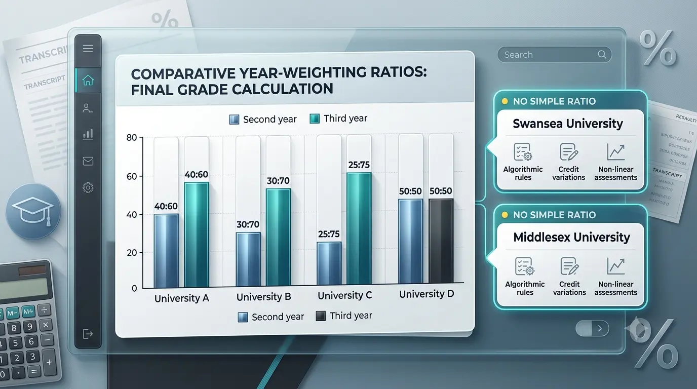 Hyperrealistic UK university final grade bar chart showing year weighting ratios with custom method highlights