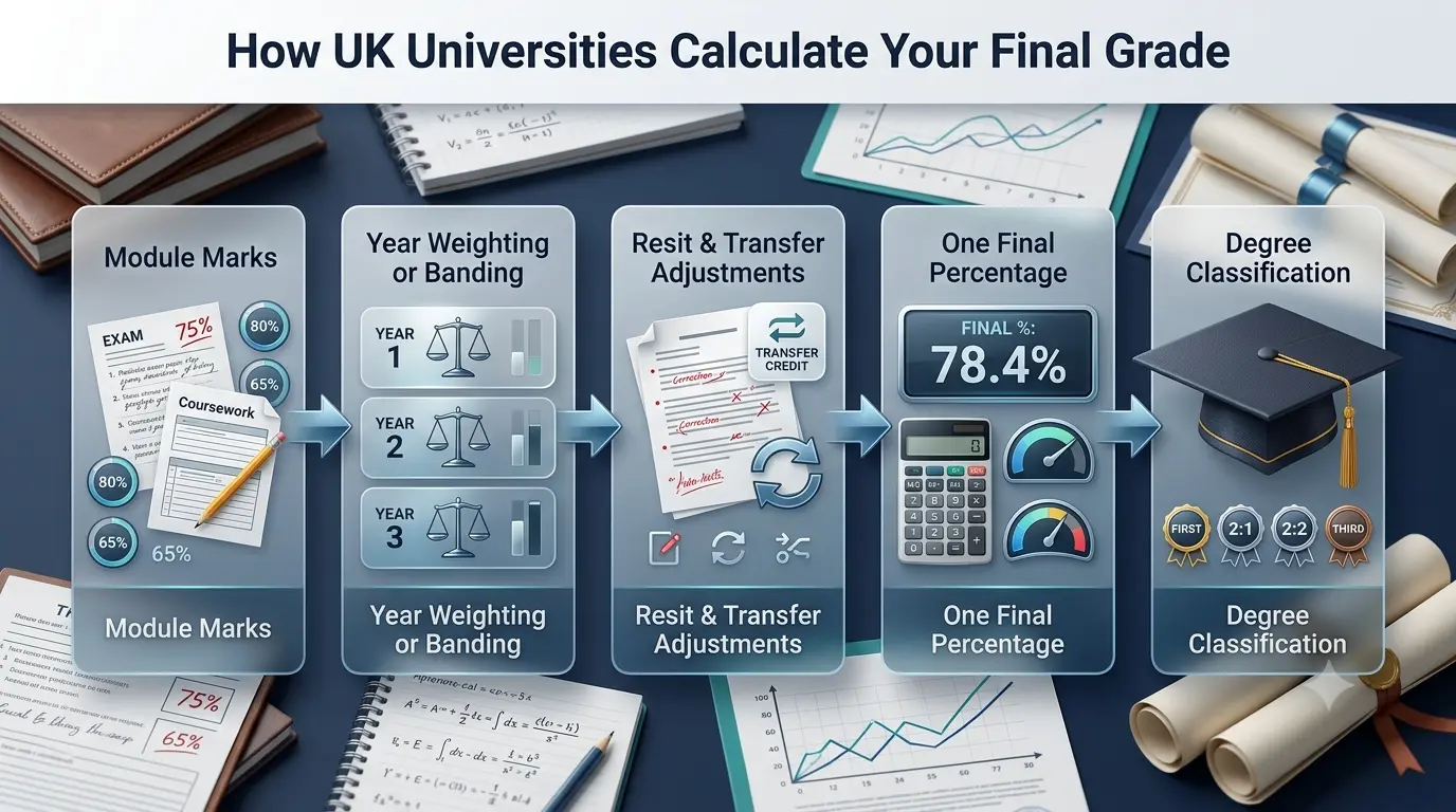 Hyperrealistic UK university final grade flowchart showing marks, weighting, adjustments, final percentage, degree