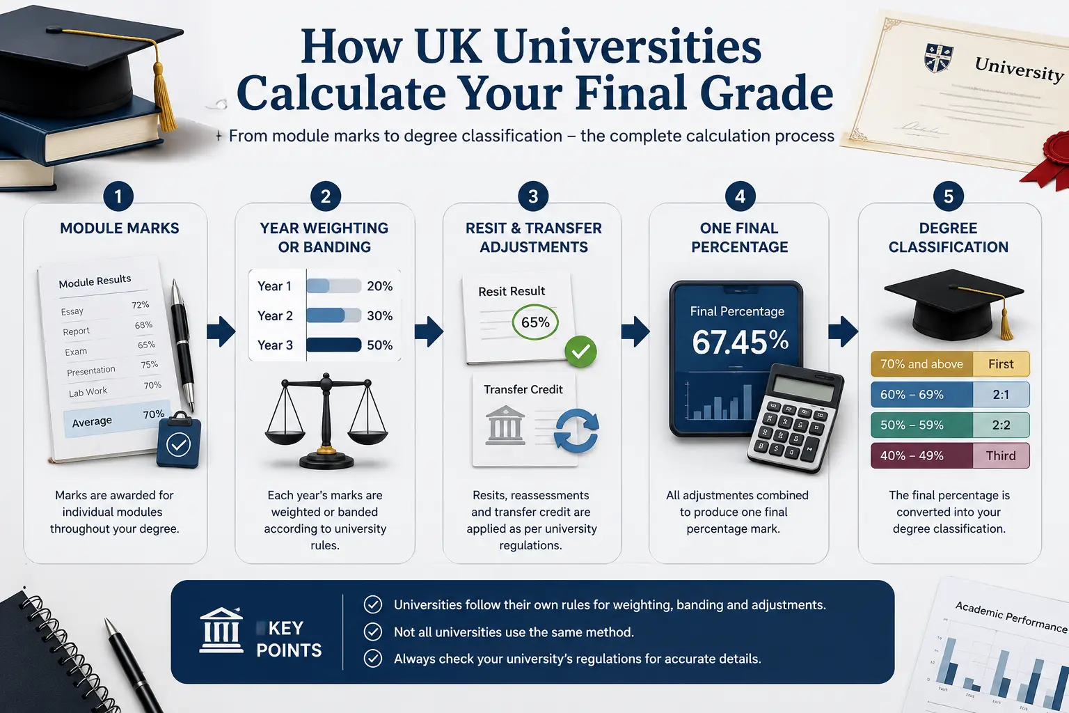 How UK universities calculate your final grade featured illustration showing marks flowing through weighting to a final result