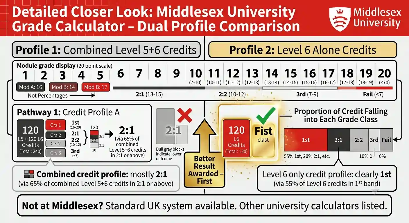 Middlesex University grade calculator diagram showing two profiles side by side, combined Level 5 plus 6 giving 2:1 and Level 6 alone giving First with higher highlighted