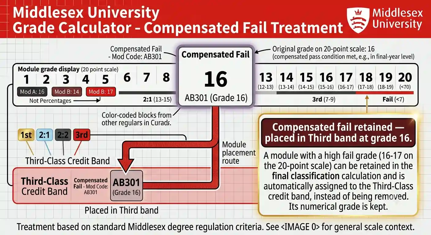 Middlesex University grade calculator diagram showing compensated fail module at grade 16 placed into Third-class credit band, not removed