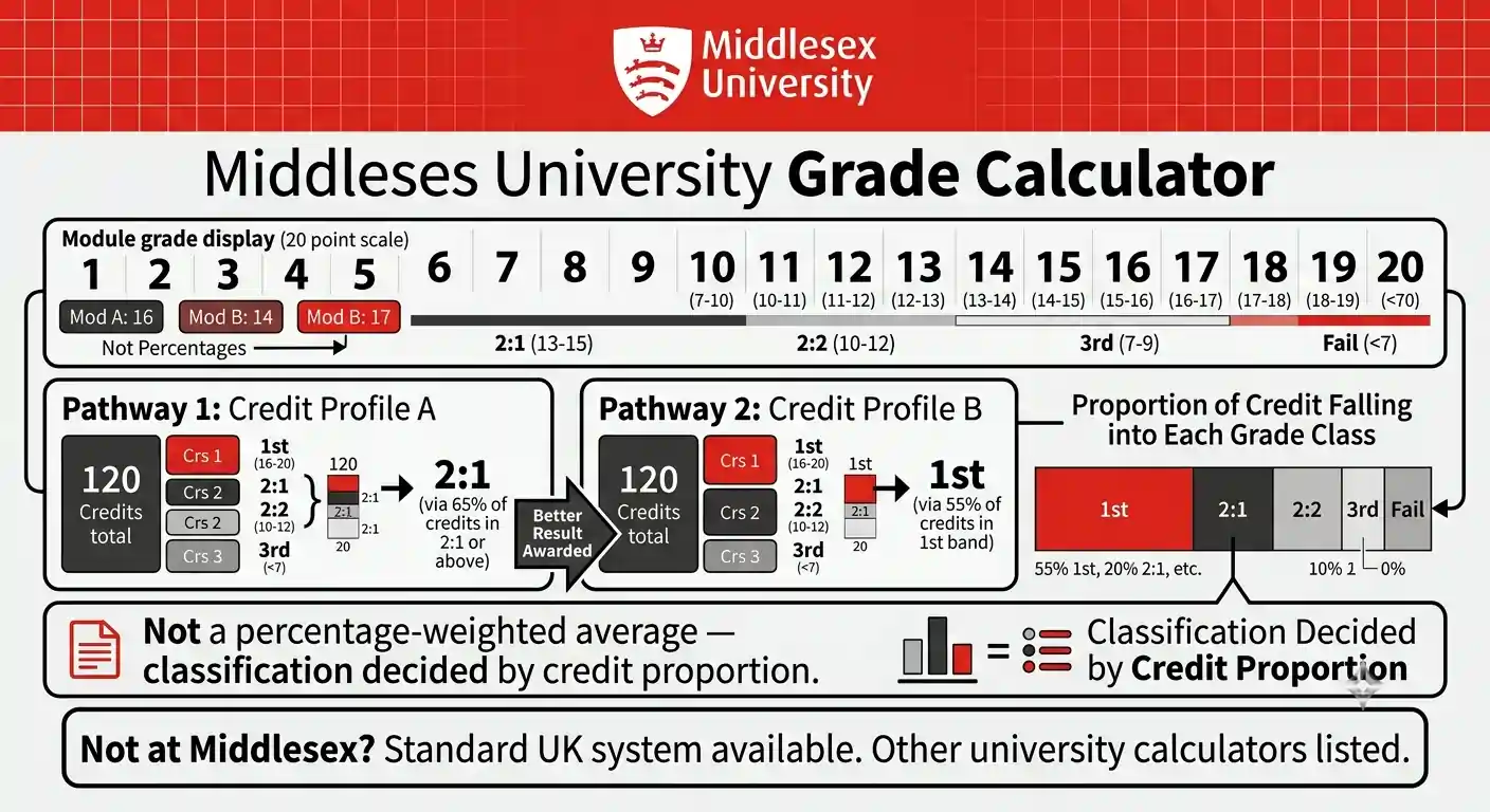 Middlesex University grade calculator featured illustration showing the 20-point grade scale