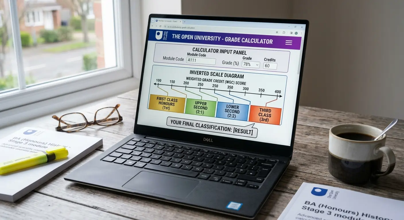 Laptop screen showing OU grade calculator with inverted scale diagram mapping WGC scores to degree classifications