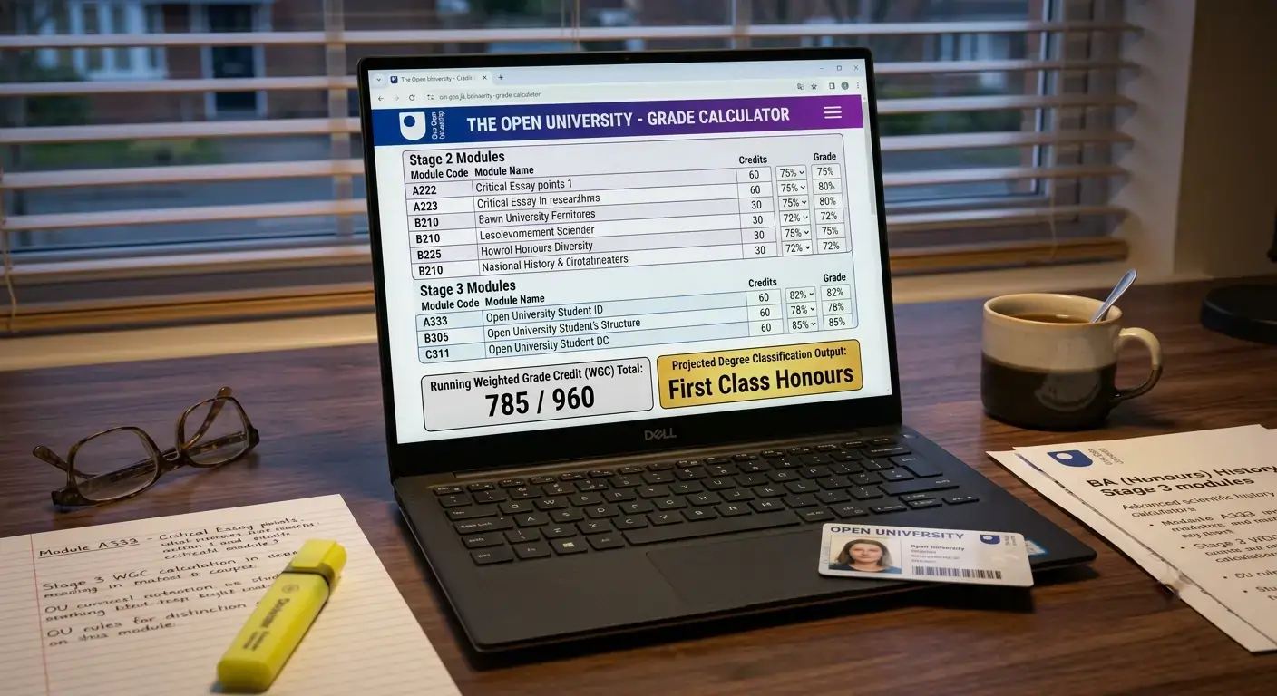 Laptop screen showing OU grade calculator with Stage 2 and Stage 3 module rows filled and WGC total displayed