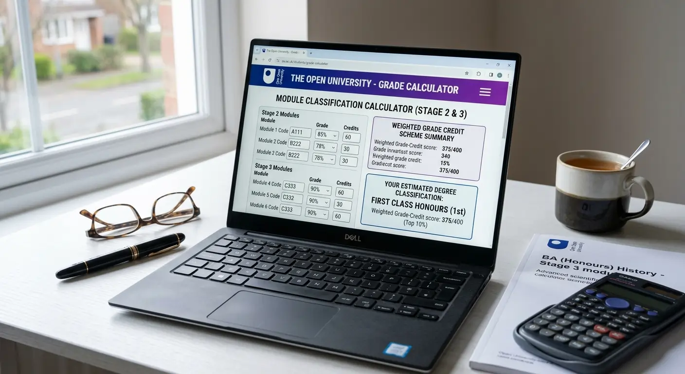 Open University grade calculator featured illustration showing the Weighted Grade Credit scheme