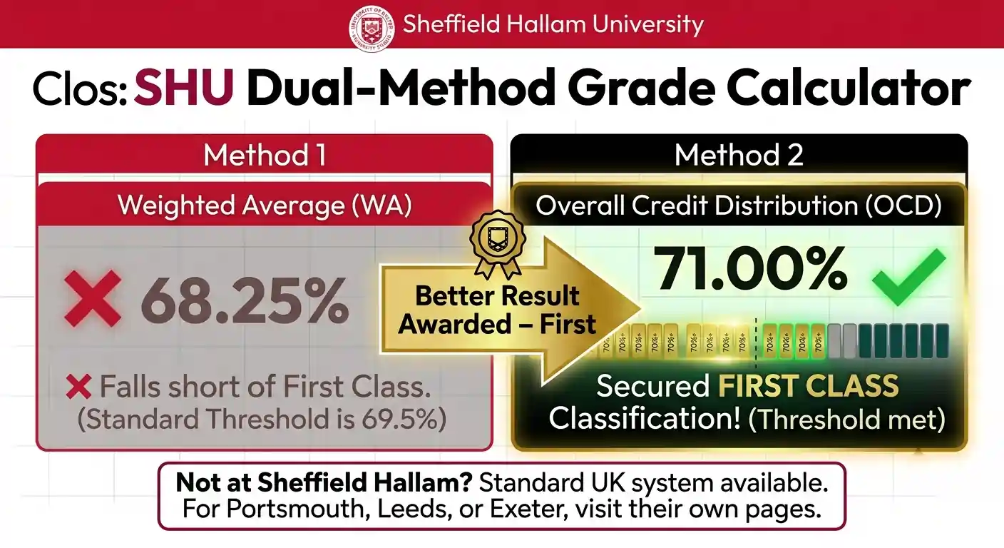 Sheffield Hallam University grade calculator diagram showing Method 1 at 68.25 percent and Method 2 at 71 percent with Method 2 highlighted for First