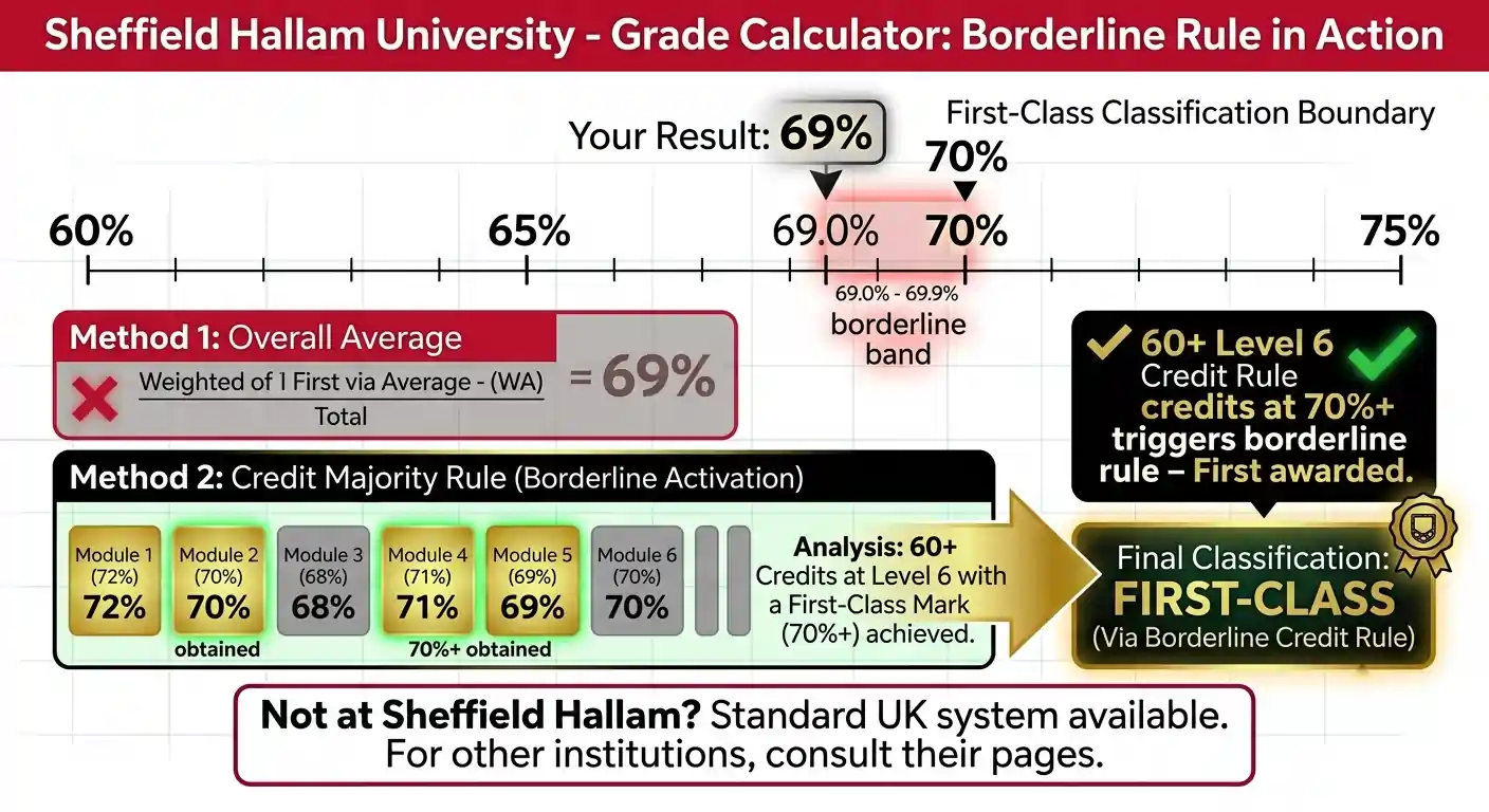 Sheffield Hallam University grade calculator diagram showing 69 percent in borderline band with 60 plus Level 6 credits at 70 percent plus resulting in First