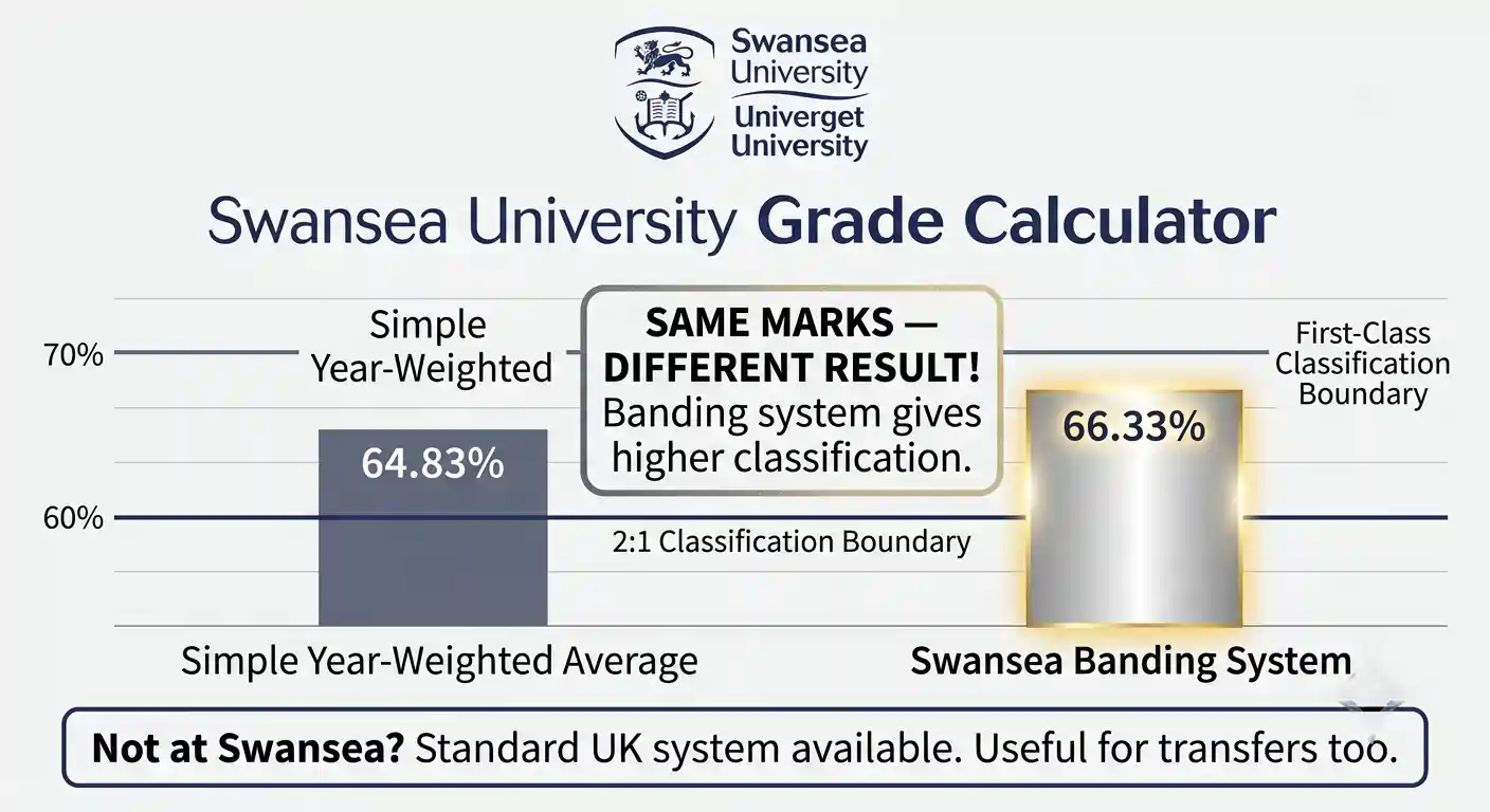 Swansea University grade calculator bar chart comparing 66.33 percent banding result against 64.83 percent simple year-weighted result