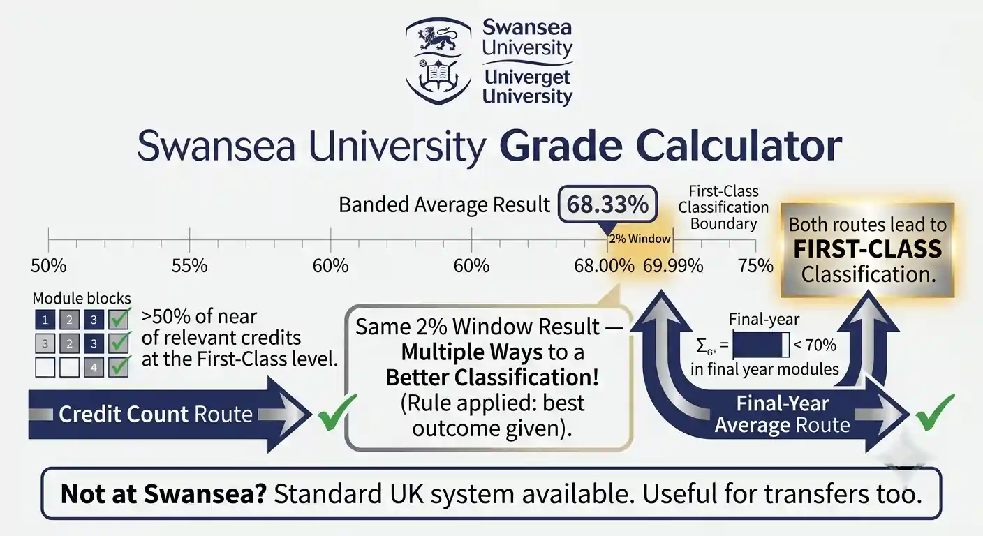 Swansea University grade calculator diagram showing banded average in 2 percent window below boundary with two paths leading to higher class