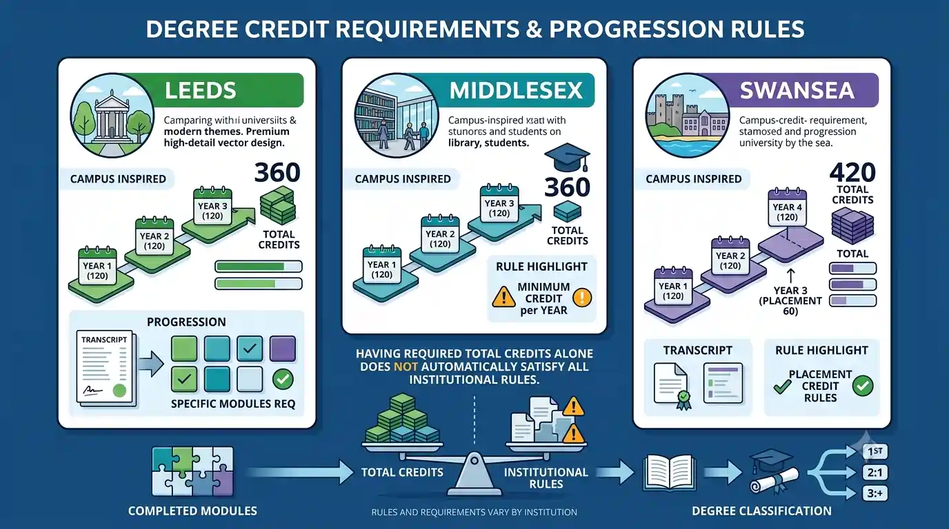 UK credit requirements comparison showing Leeds, Middlesex and Swansea university credit rule differences