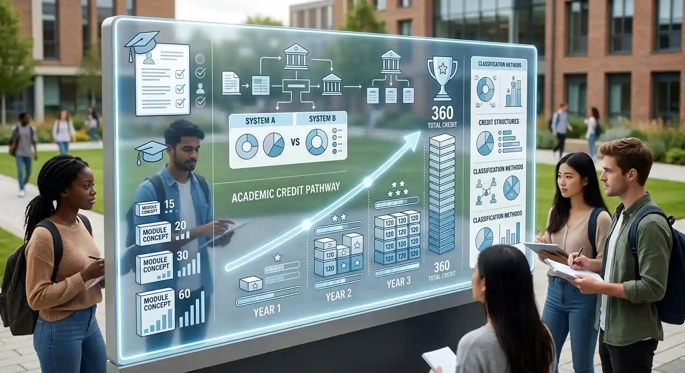 UK university credit system explained featured illustration showing levels, credits and module structure