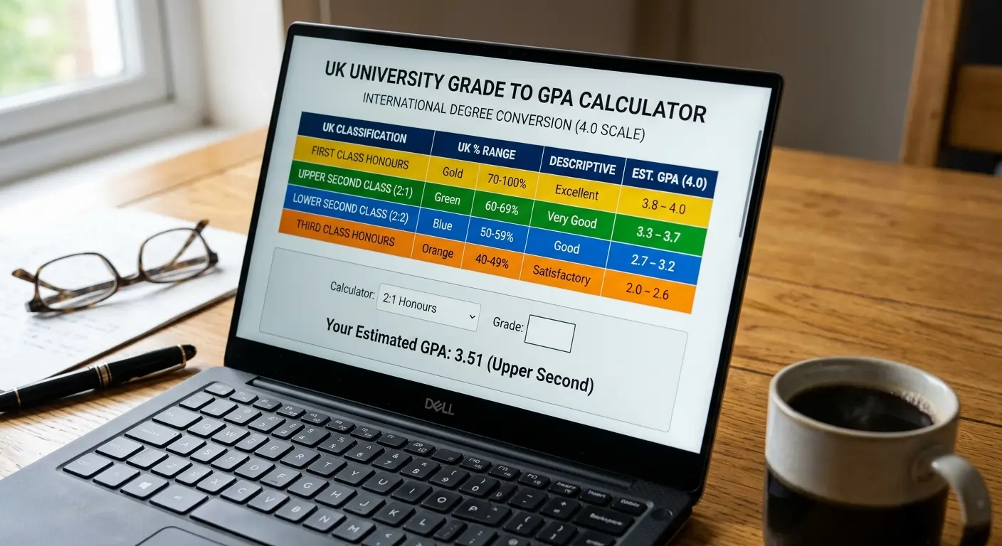 UK grade to US GPA conversion chart mapping First-Class, 2:1, 2:2 and Third-Class results onto the 4.0 GPA scale