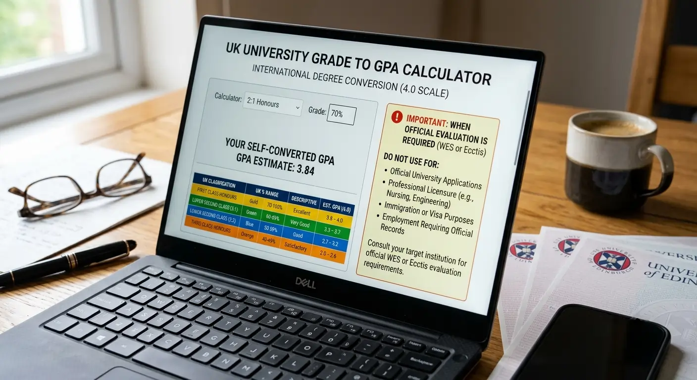 Diagram comparing the UK percentage grading scale with the US 4.0 GPA scale side by side, showing how classification bands align