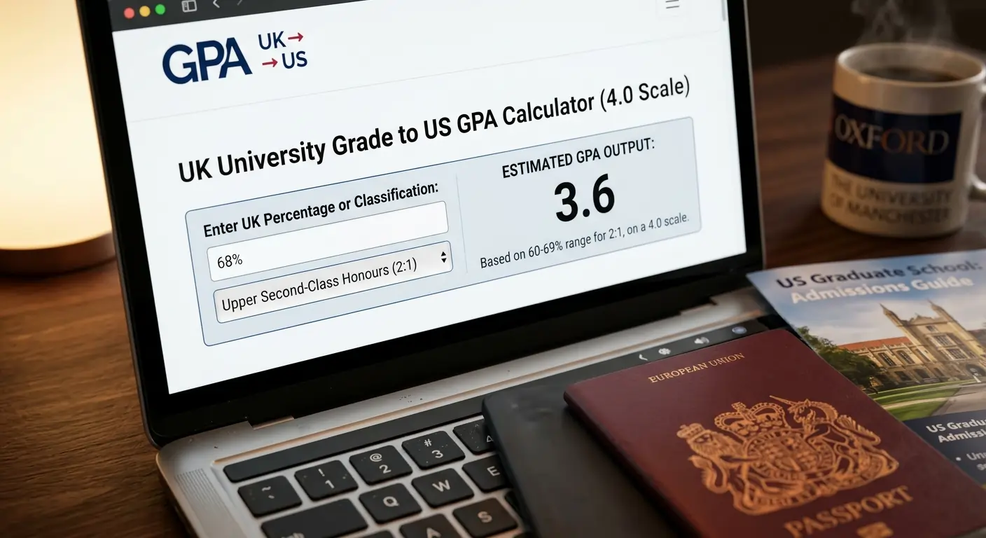 UK grade to US GPA conversion calculator featured illustration showing UK percentages mapped to the 4.0 scale