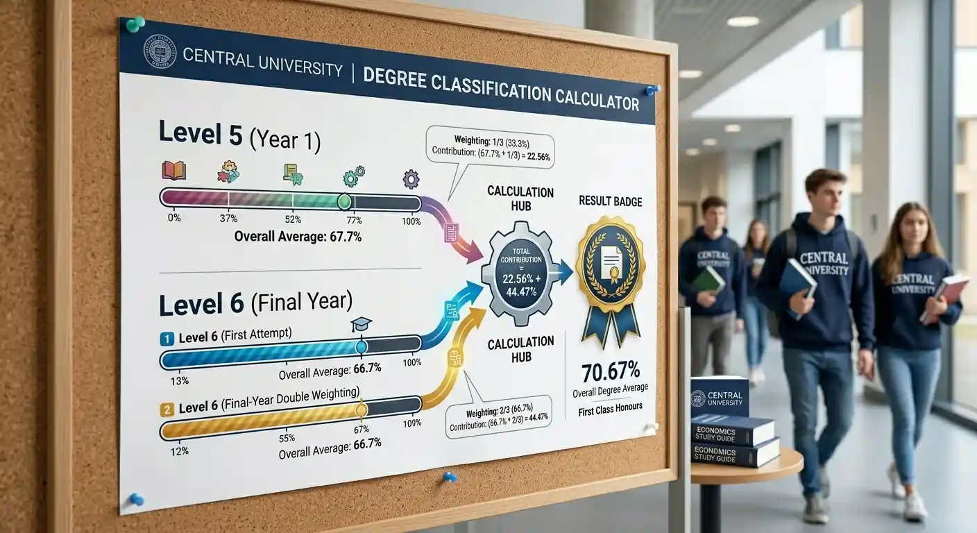Level five and level six worked degree classification example showing double final year weighting calculation and final seventy point sixty seven percent result