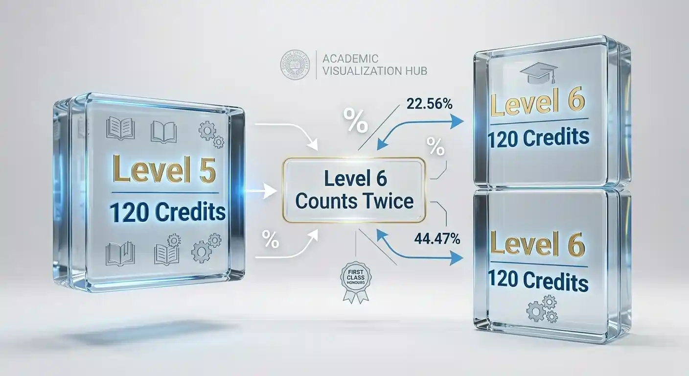 Level five one hundred twenty credits and level six one hundred twenty credits shown with double visual weight to explain final year weighting convention