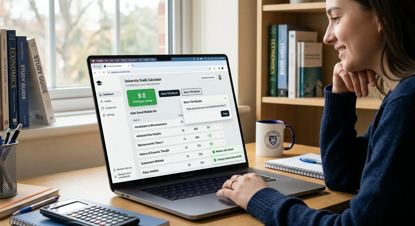 University grade calculator featured illustration showing weighted module marks combining into a final percentage