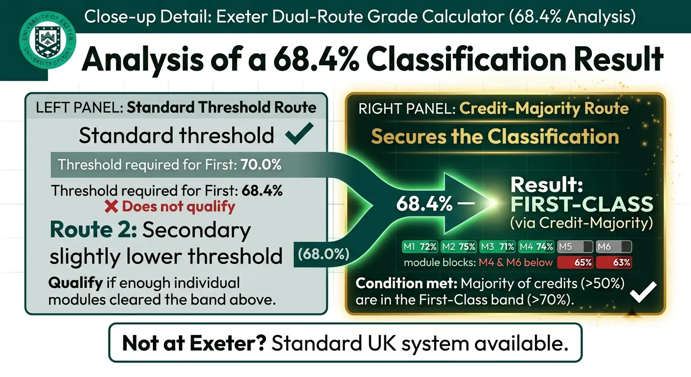 University of Exeter grade calculator diagram showing two routes side by side for 68.4 percent with credit-majority route highlighted for First