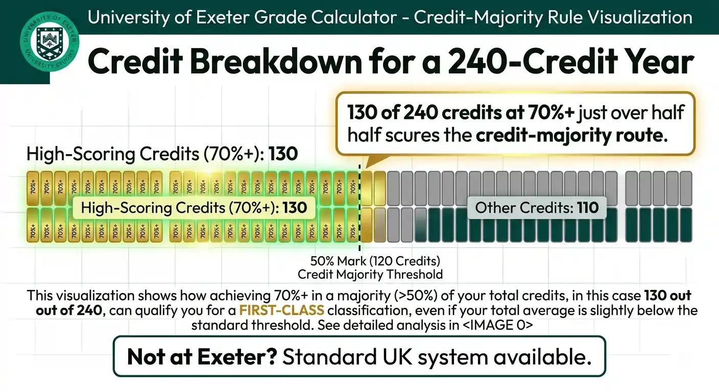 University of Exeter grade calculator bar chart showing 130 of 240 credits at 70 percent plus illustrating credit-majority route qualification