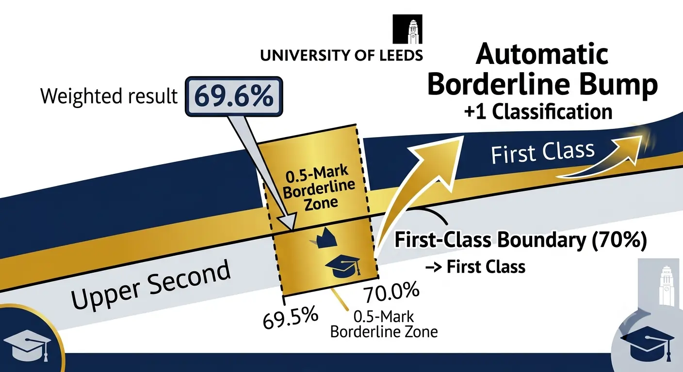 University of Leeds grade calculator diagram showing 69.6 percent weighted result with automatic bump arrow to First-Class boundary