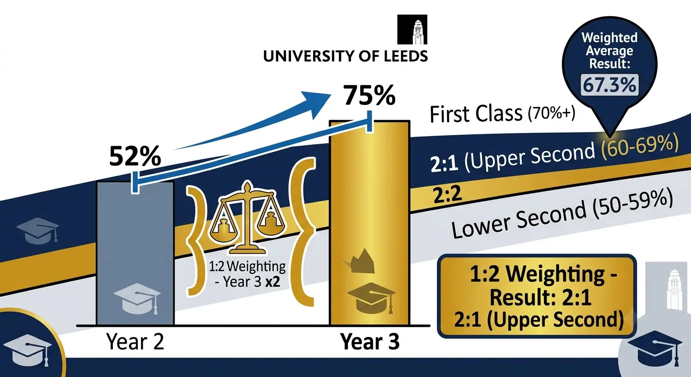 University of Leeds grade calculator chart showing Year 2 mark at 52 percent and Year 3 mark at 75 percent with 1 to 2 weighted result in 2:1 zone