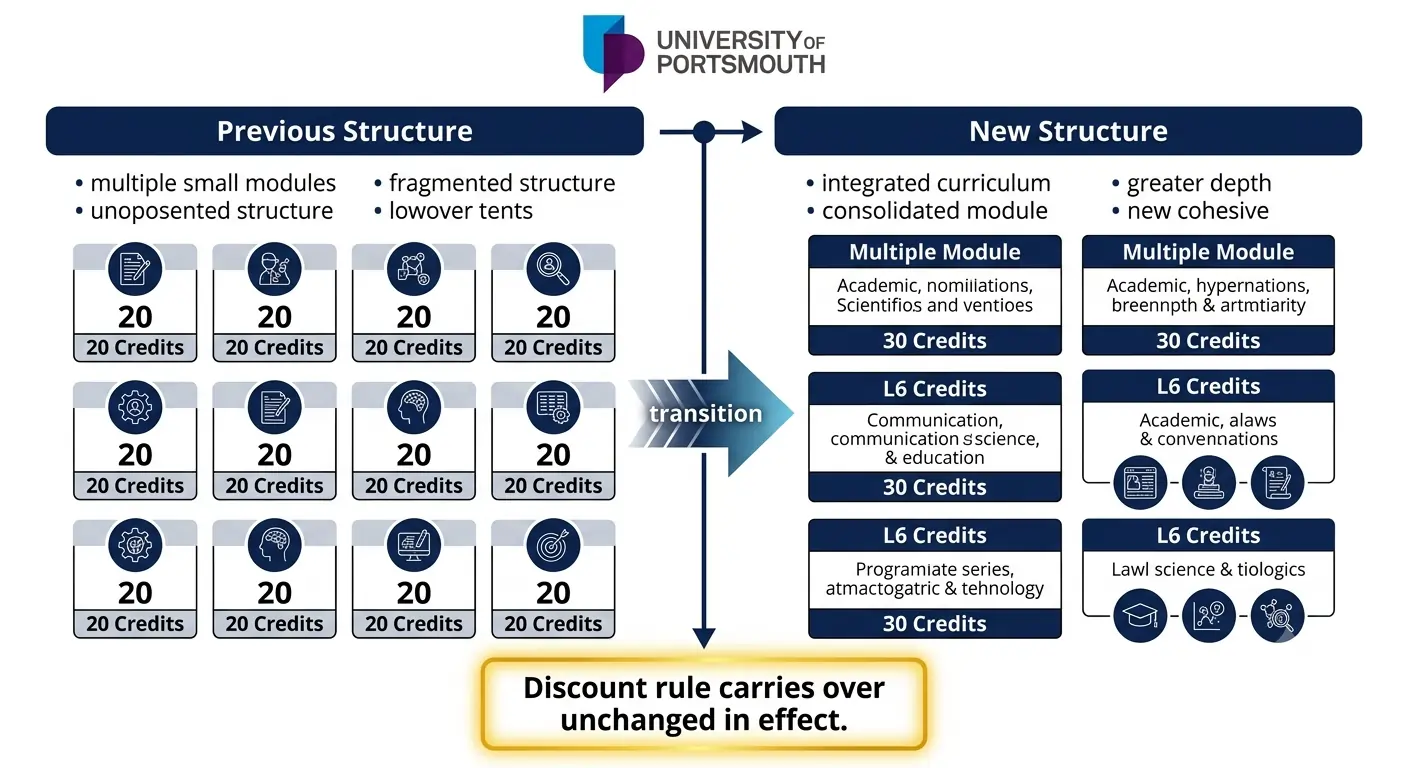 University of Portsmouth grade calculator timeline showing credit structure change from 20 to 30 credits with discount rule note